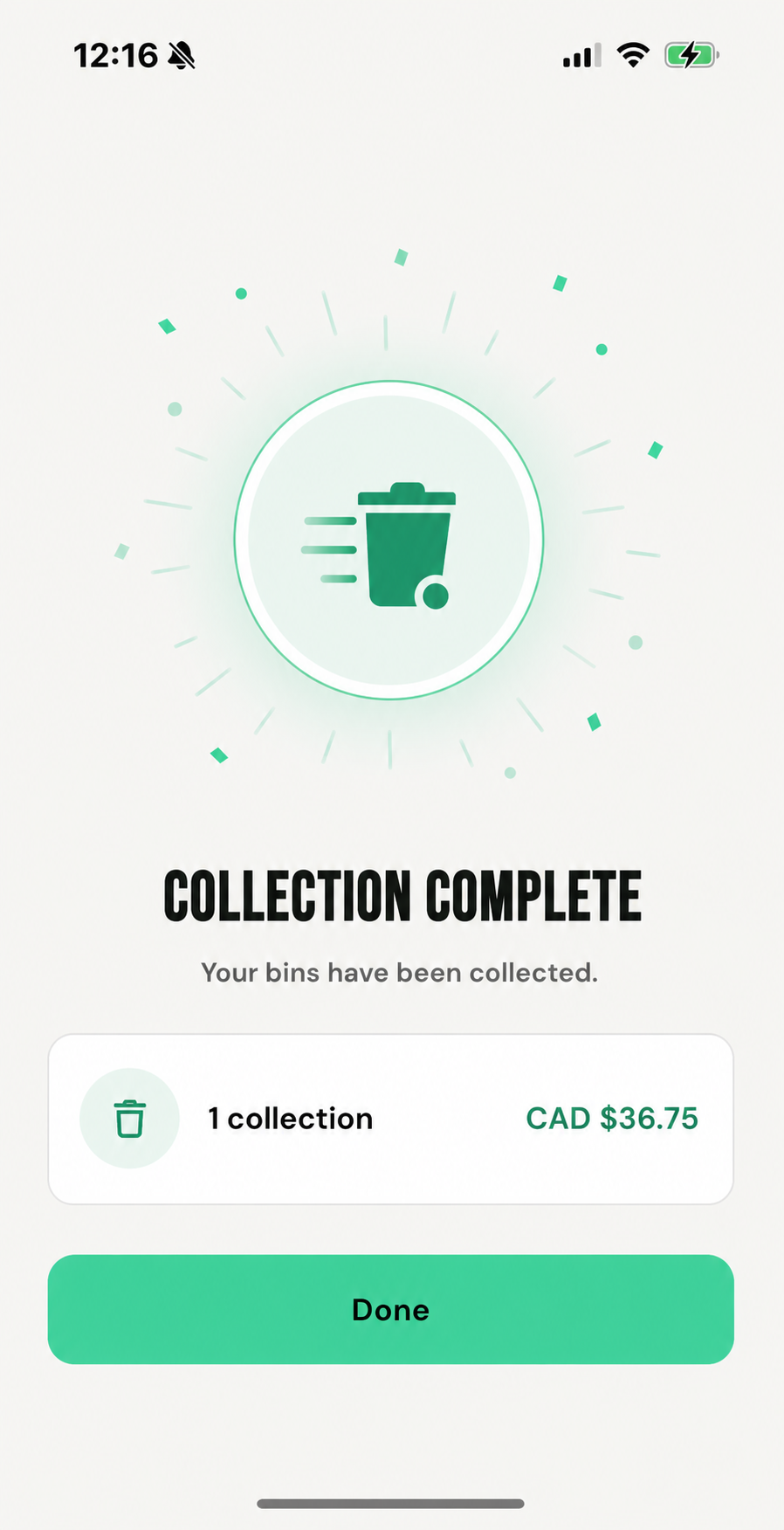Illustrative Bin Run collection-complete celebration screen
