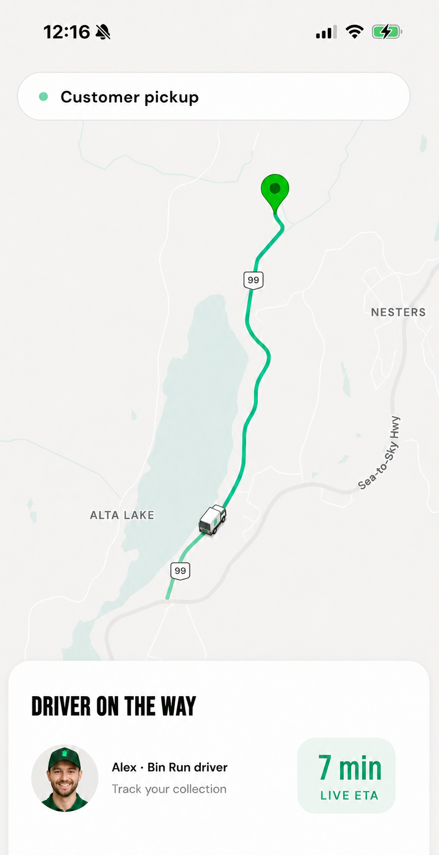 Illustrative Bin Run customer tracking screen with truck route and live ETA