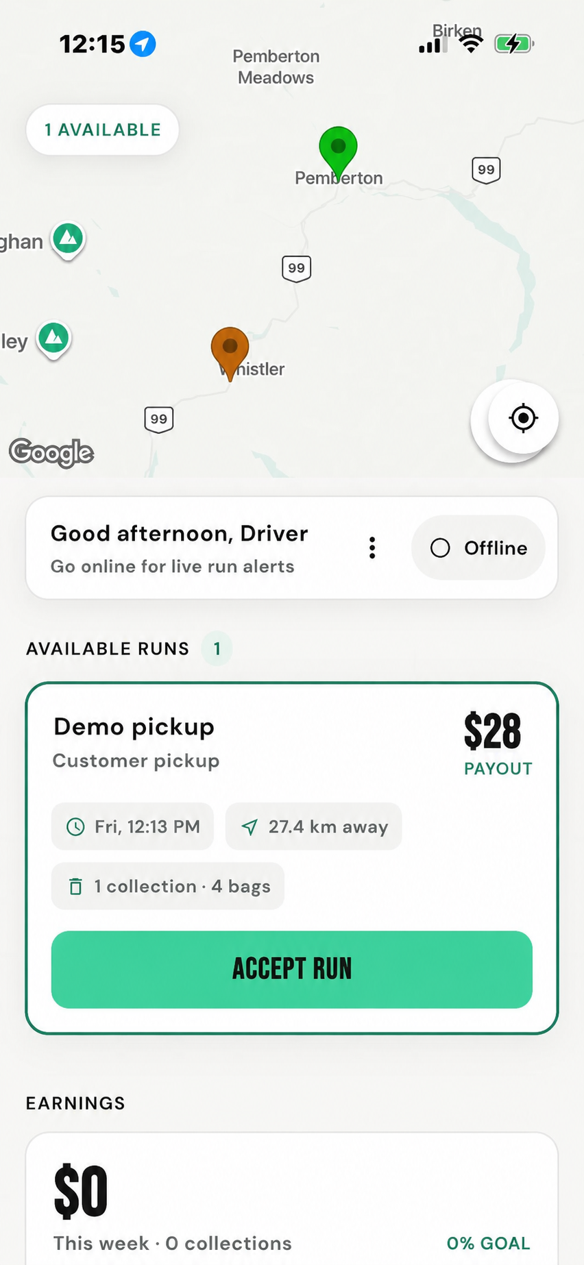 Bin Run driver dashboard showing an available run and payout